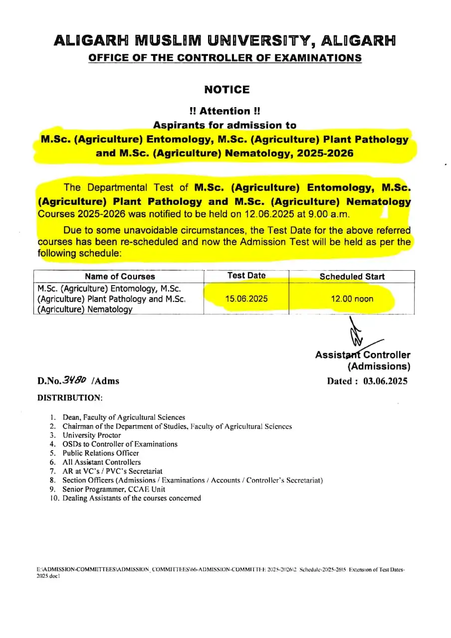 Image from amutestinfo: Test Date of Admission to M.Sc. (Agriculture) Entomology/Plant Patholo...