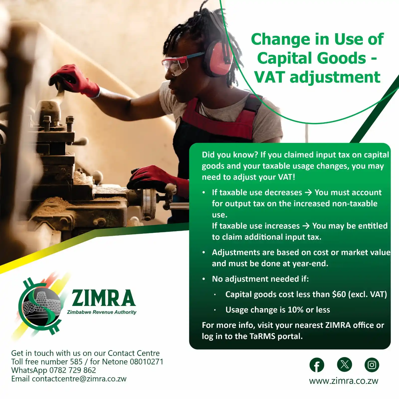 Image from Zimbabwe Revenue Authority Channel: Change in Use of Capital Goods – VAT Adjustment Did you know? If you c...
