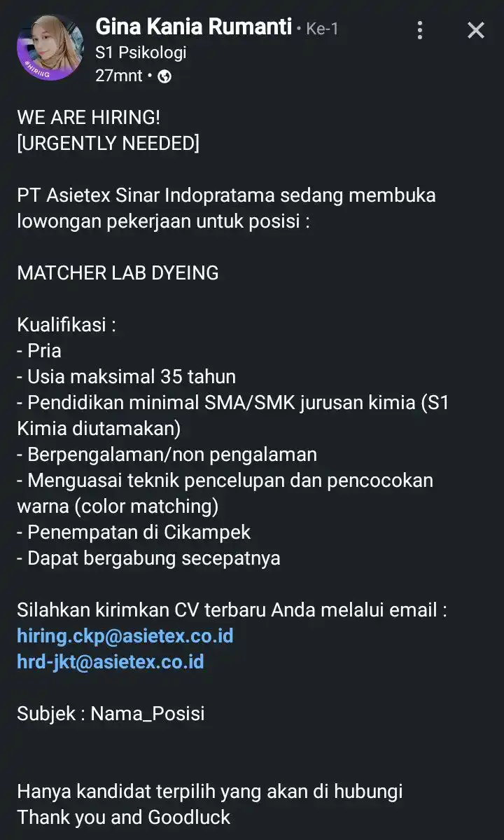Image from LOWONGAN PEKERJAAN JABODETABEK - KARAWANG: hiring.ckp@asietex.co.id ©©: hrd-jkt@asietex.co.id Subjek: Nama_Posisi...