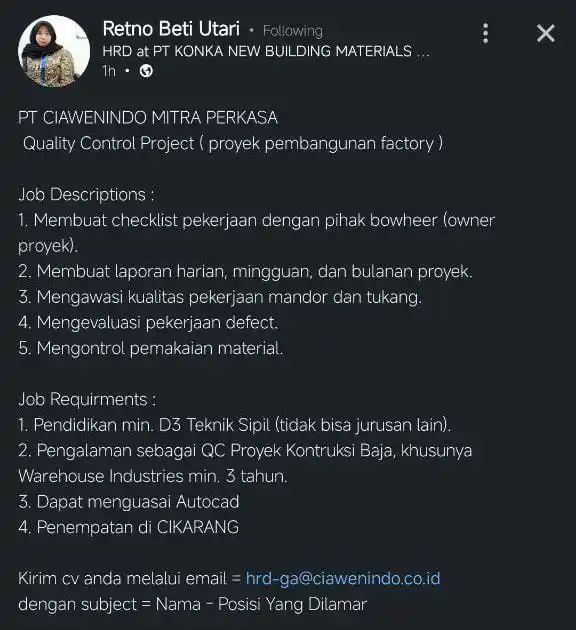 LOWONGAN PEKERJAAN JABODETABEK - KARAWANG post