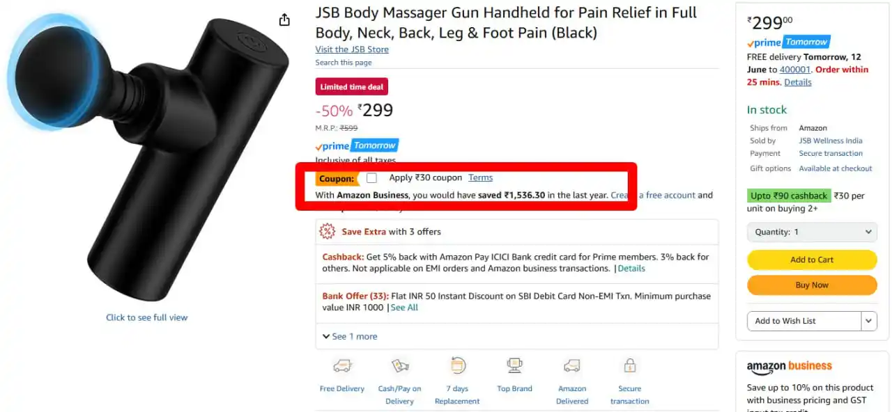 Image from Amazon Loot Deals ✅: JSB Body Massager Gun @ 269 https://amzn.to/3HzLa1L . Apply ₹30 coup...