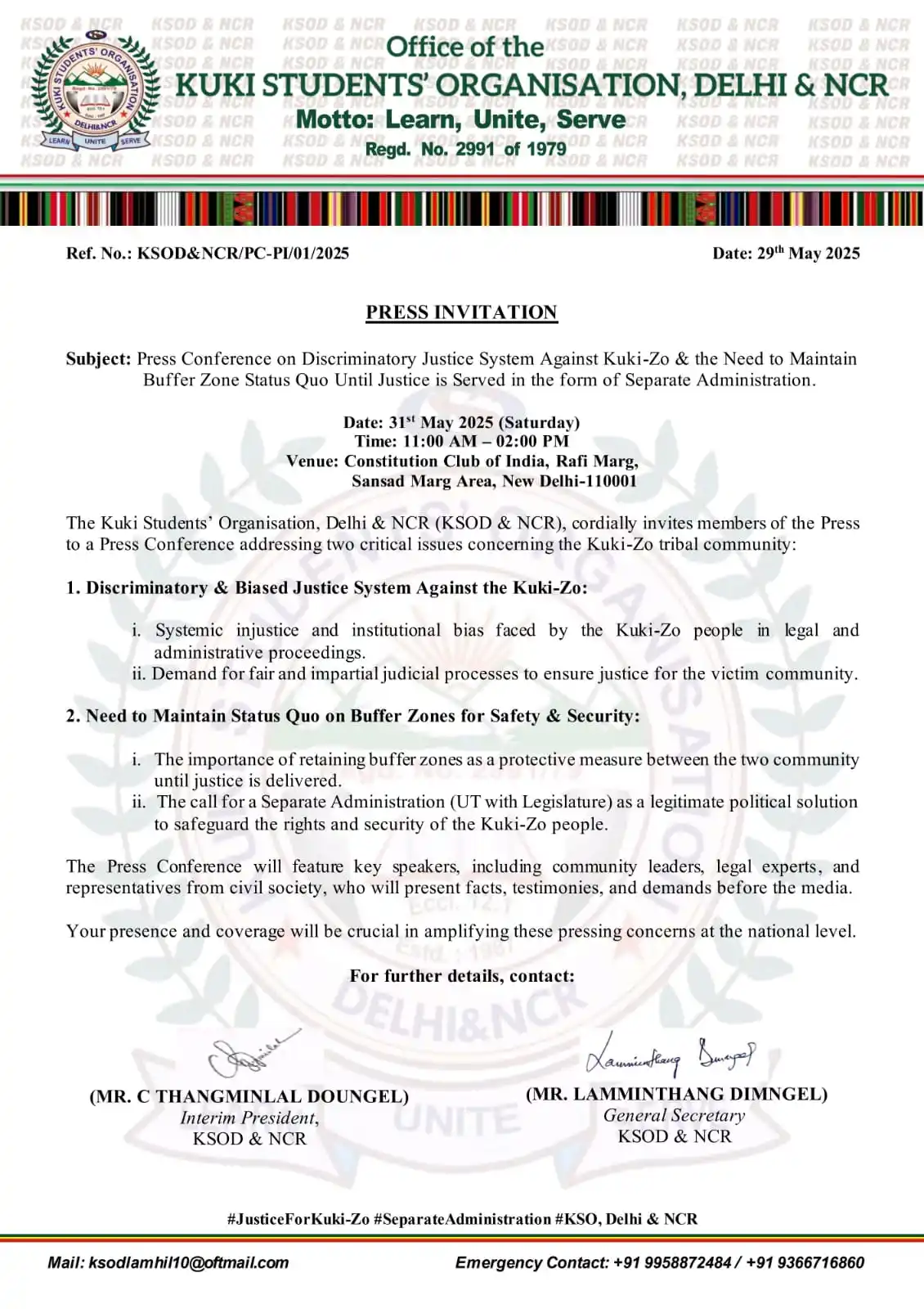 Image from KSOD&NCR COMMUNIQUE: *PRESS INVITATION* 29th May 2025
Subject: Press Conference on Discri...