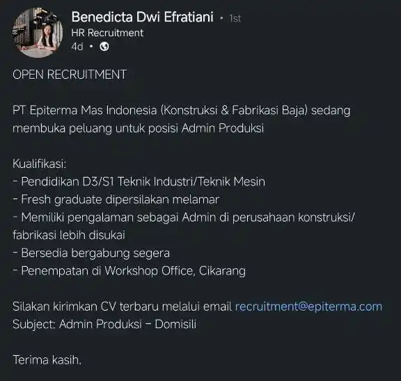 LOWONGAN PEKERJAAN JABODETABEK - KARAWANG post