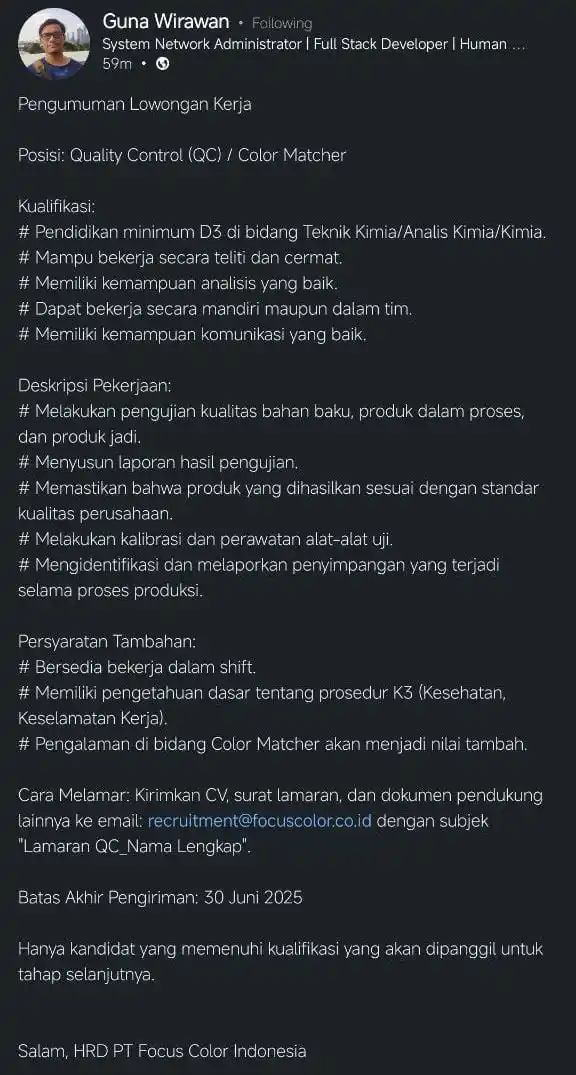 LOWONGAN PEKERJAAN JABODETABEK - KARAWANG post