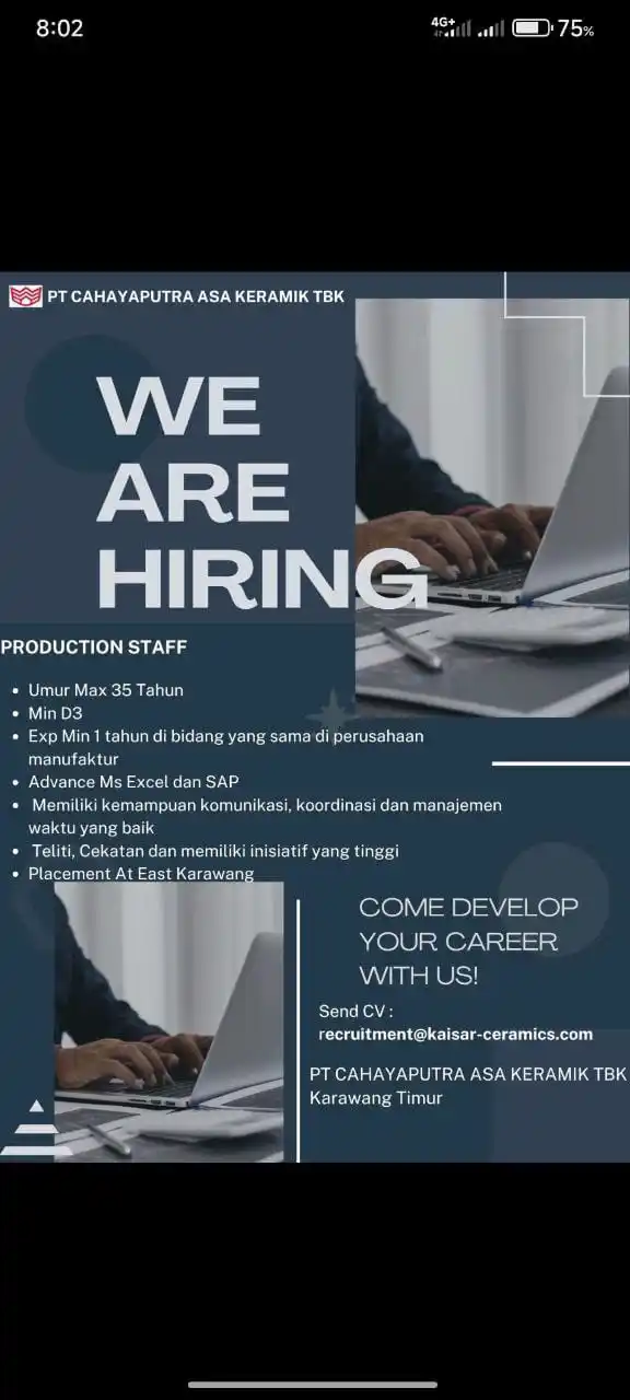 Image from LOWONGAN PEKERJAAN JABODETABEK - KARAWANG: recruitment@kaisar-ceramics.com Subjek: production staff...