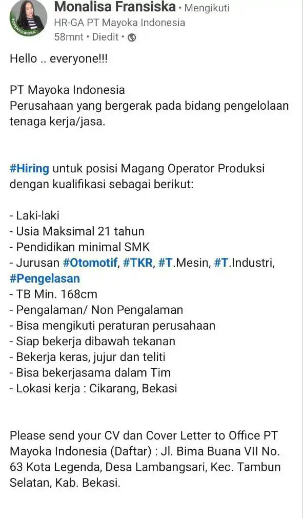 LOWONGAN PEKERJAAN JABODETABEK - KARAWANG post