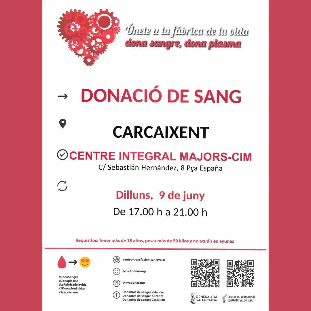 Image from Ajuntament de Carcaixent: 🩸 *DONACIÓ DE SANG* Esta vesprada col·labora amb el Centre de Transf...
