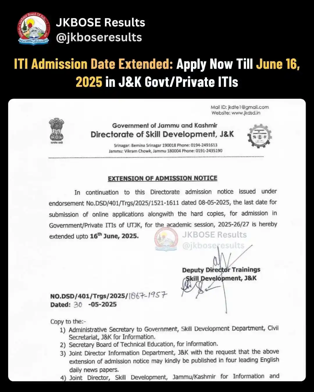 Image from J&K Student Alerts: ITI Admission Date Extended: Apply Now Till June 16, 2025 in J&K Govt/...