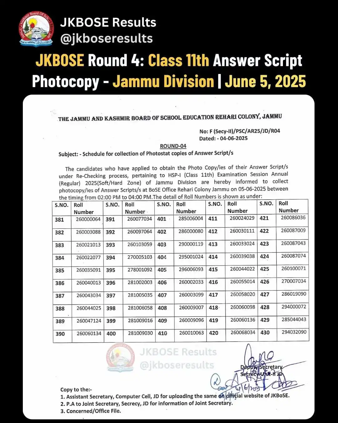 Image from J&K Student Alerts: JKBOSE Round 4 (Four) for collection of Photocopy of Answer Scripts fo...