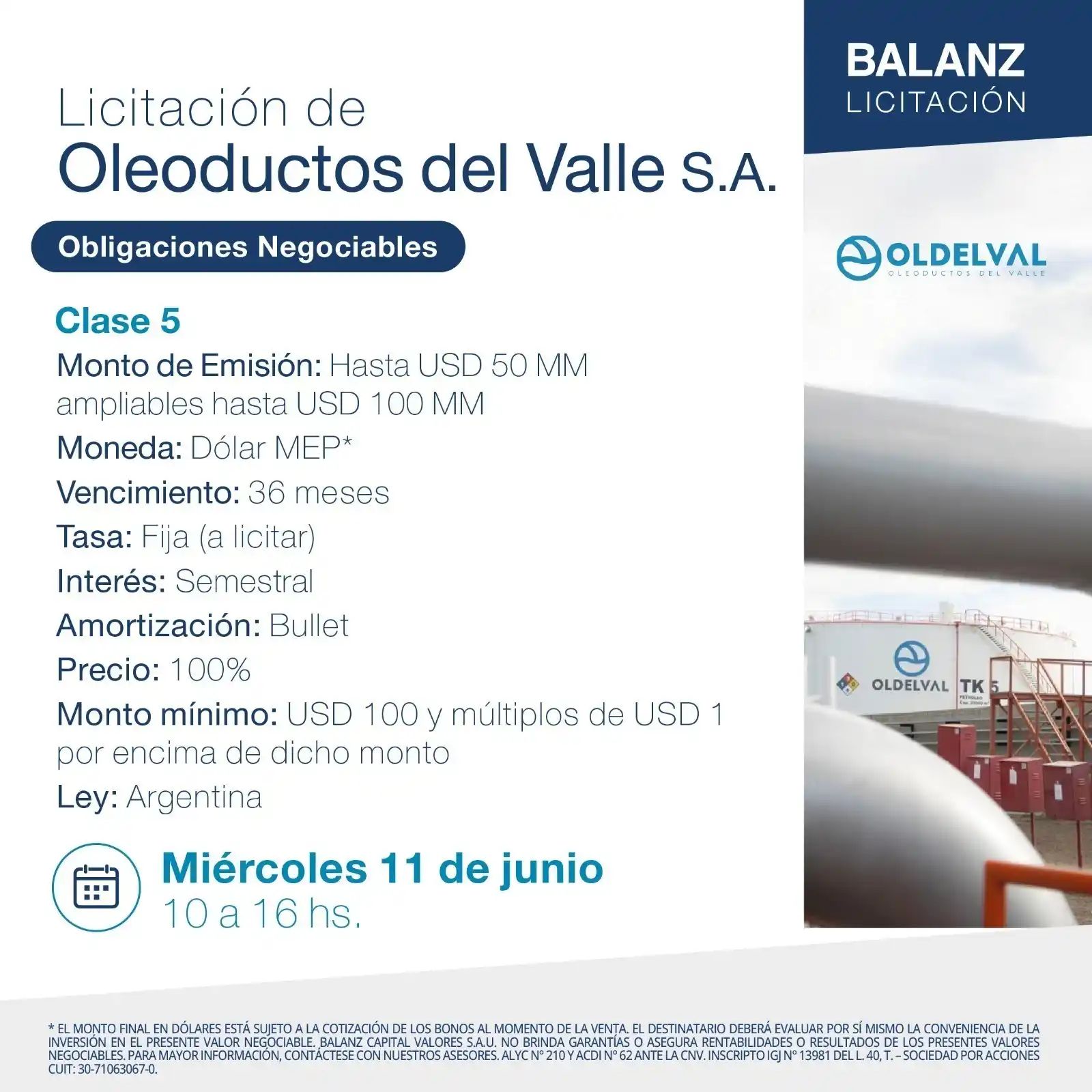 Image from GFI: *LICITA HOY: Oleoductos del Valle SA (OLDELVAL)* _Monto: USD 50M am...