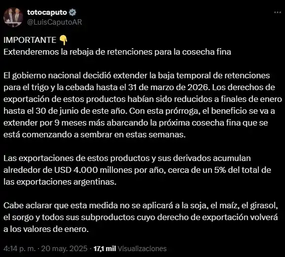 Image from GFI: *Retenciones.* El gobierno nacional decidió extender la baja temporal...