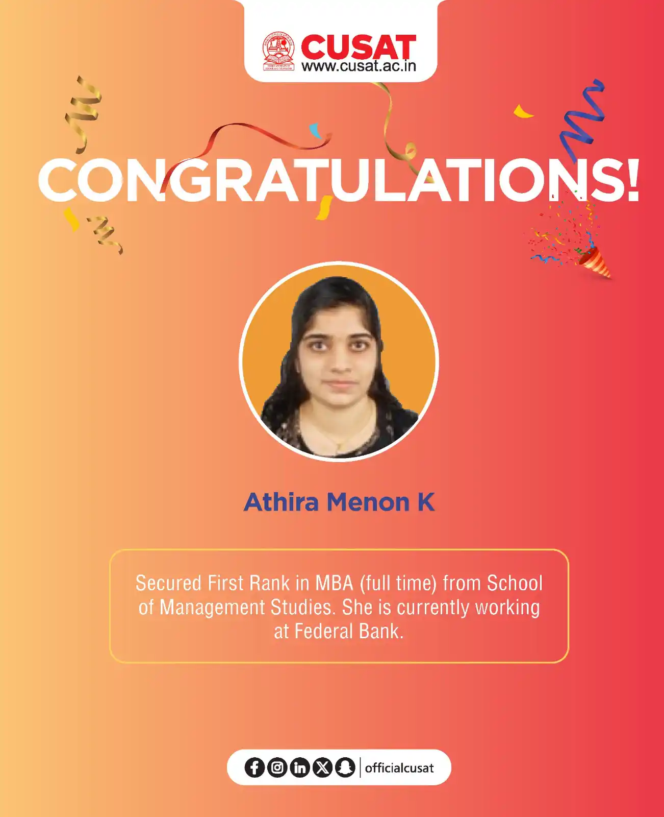 Image from Cochin University of Science and Technology: Athira Menon K , secured First Rank in MBA (full time) from School of ...