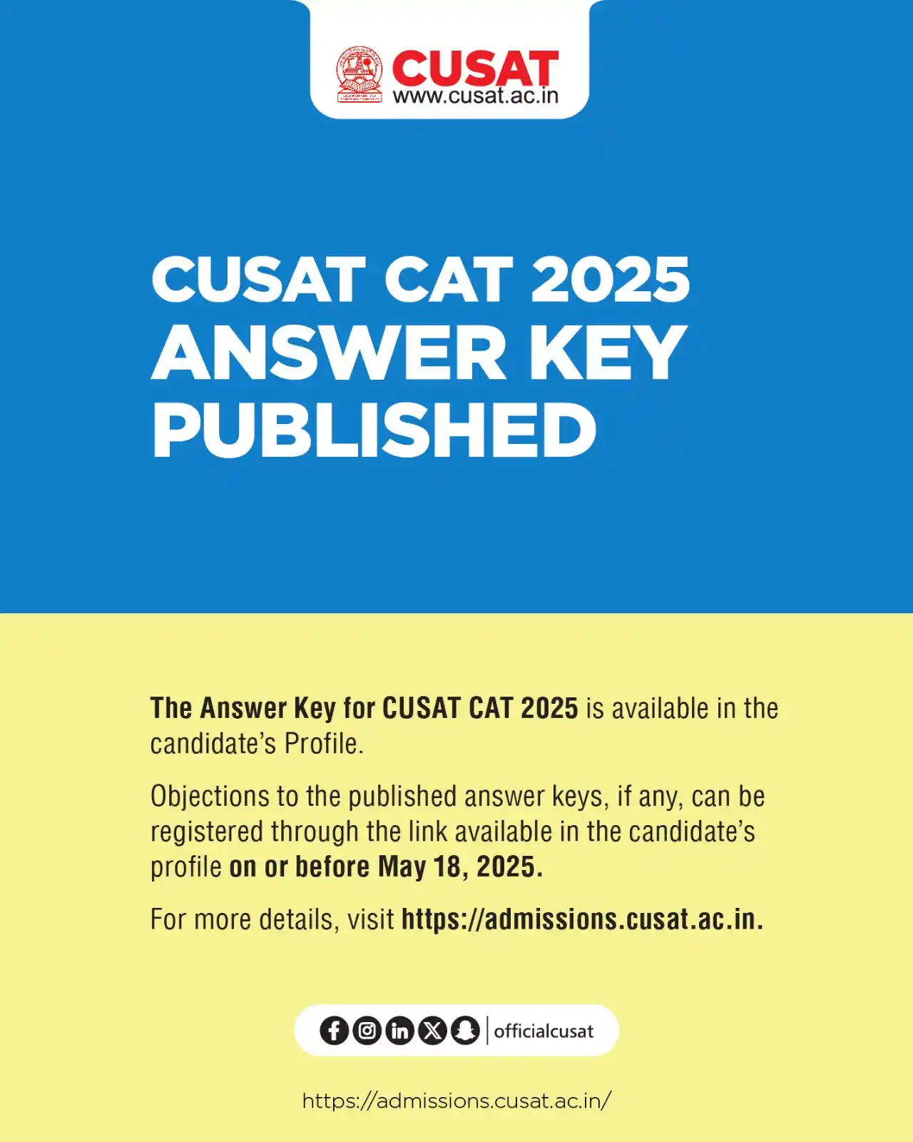 Image from Cochin University of Science and Technology: CUSAT CAT 2025 ANSWER KEY PUBLISHED. Objections to the published answe...