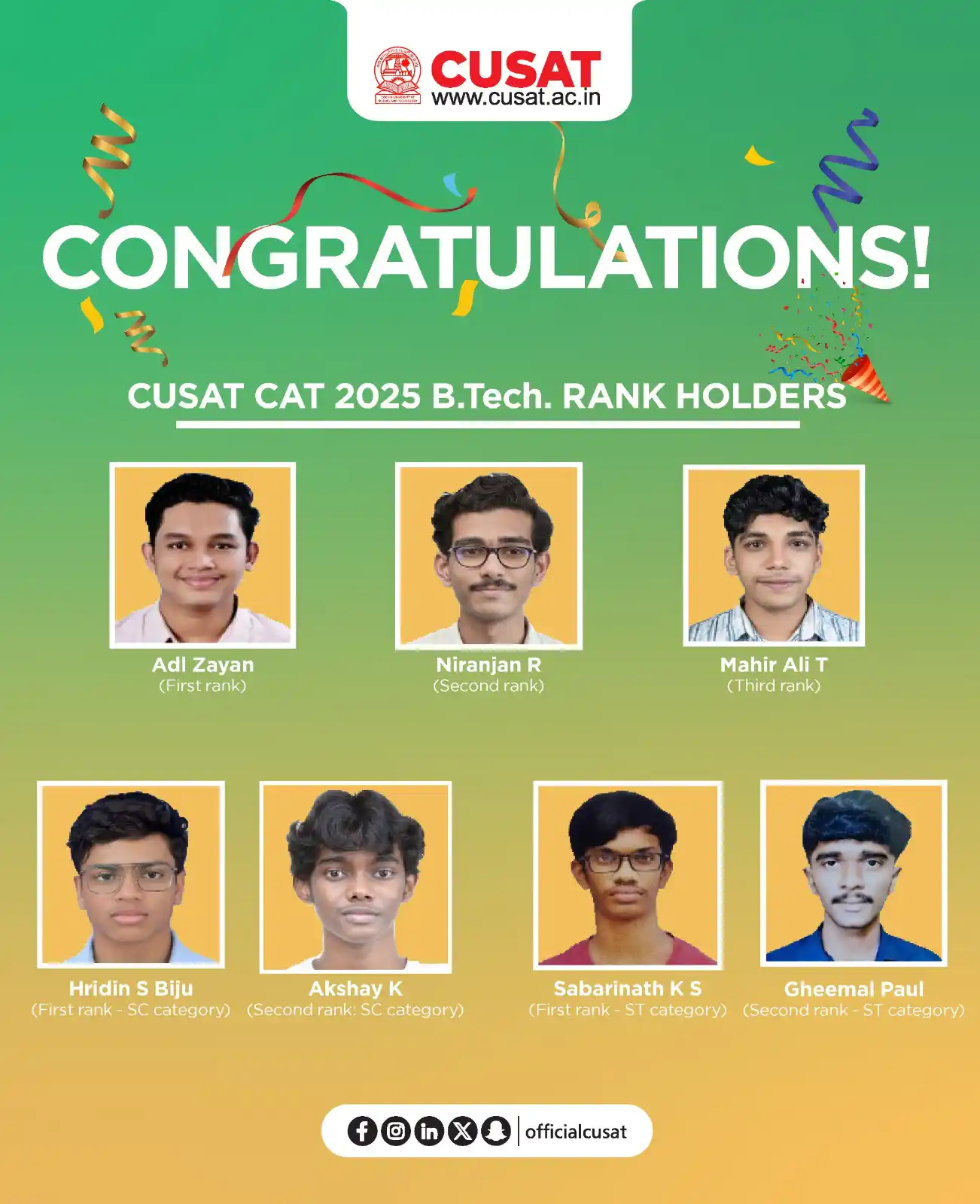 Image from Cochin University of Science and Technology: CUSAT CAT 2025 B.Tech. RANK HOLDERS ! <a class="text-blue-500 hover:u...