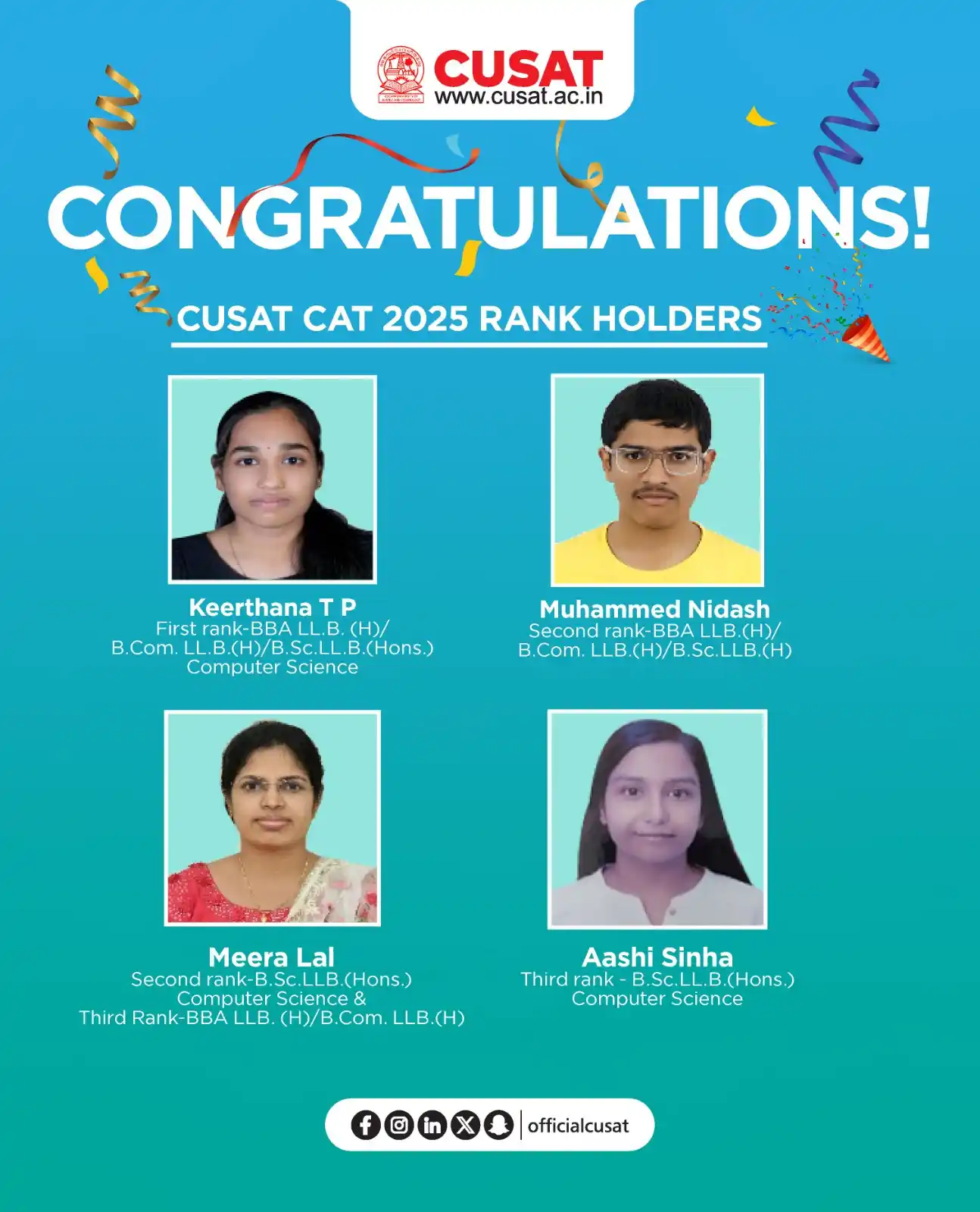 Image from Cochin University of Science and Technology: CUSAT CAT 2025 RANK HOLDERS! <a class="text-blue-500 hover:underline c...