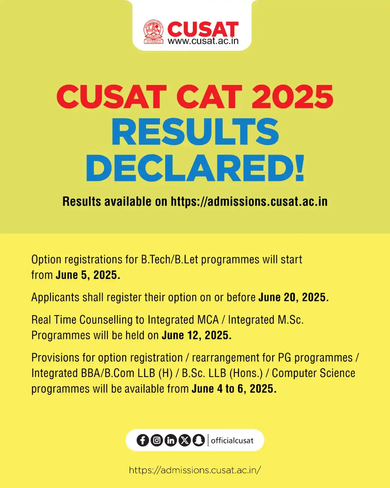 Image from Cochin University of Science and Technology: CUSAT CAT 2025 RESULTS DECLARED ! <a class="text-blue-500 hover:under...