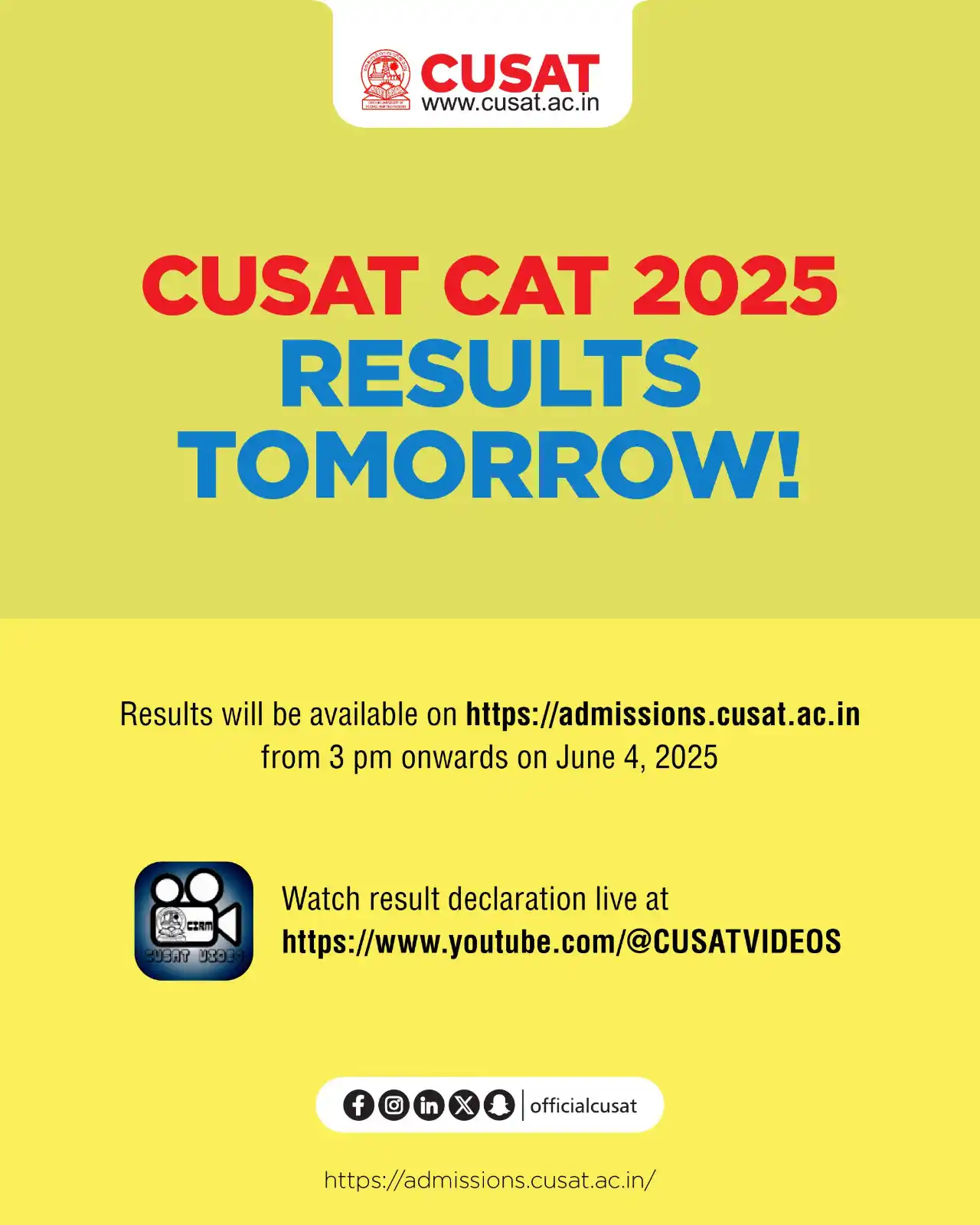 Image from Cochin University of Science and Technology: CUSAT CAT 2025 RESULTS TOMORROW <a class="text-blue-500 hover:underli...
