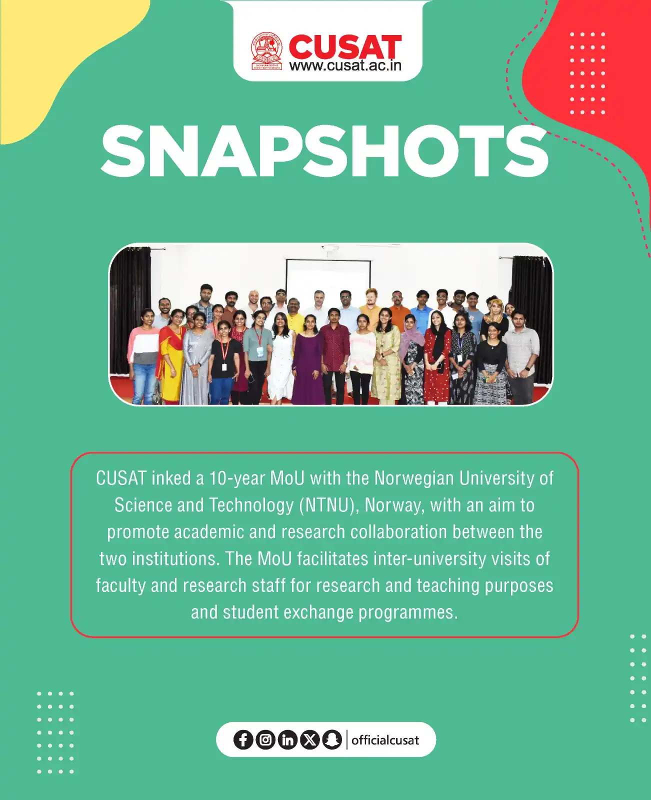 Image from Cochin University of Science and Technology: CUSAT entered a 10-year MoU with the Norwegian University of Science a...