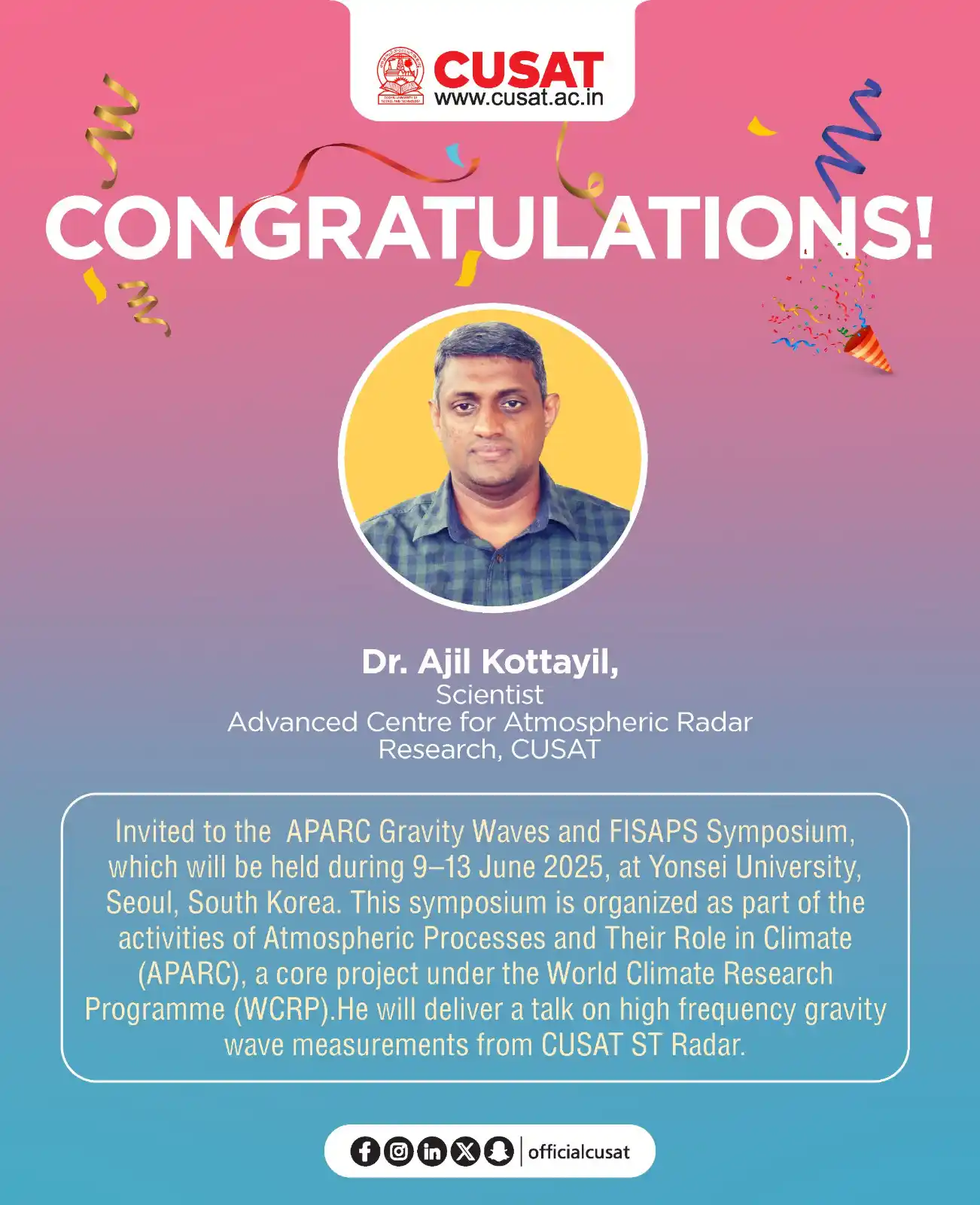 Image from Cochin University of Science and Technology: Dr. Ajil Kottayil, Scientist, from the Advanced Centre for Atmospheri...