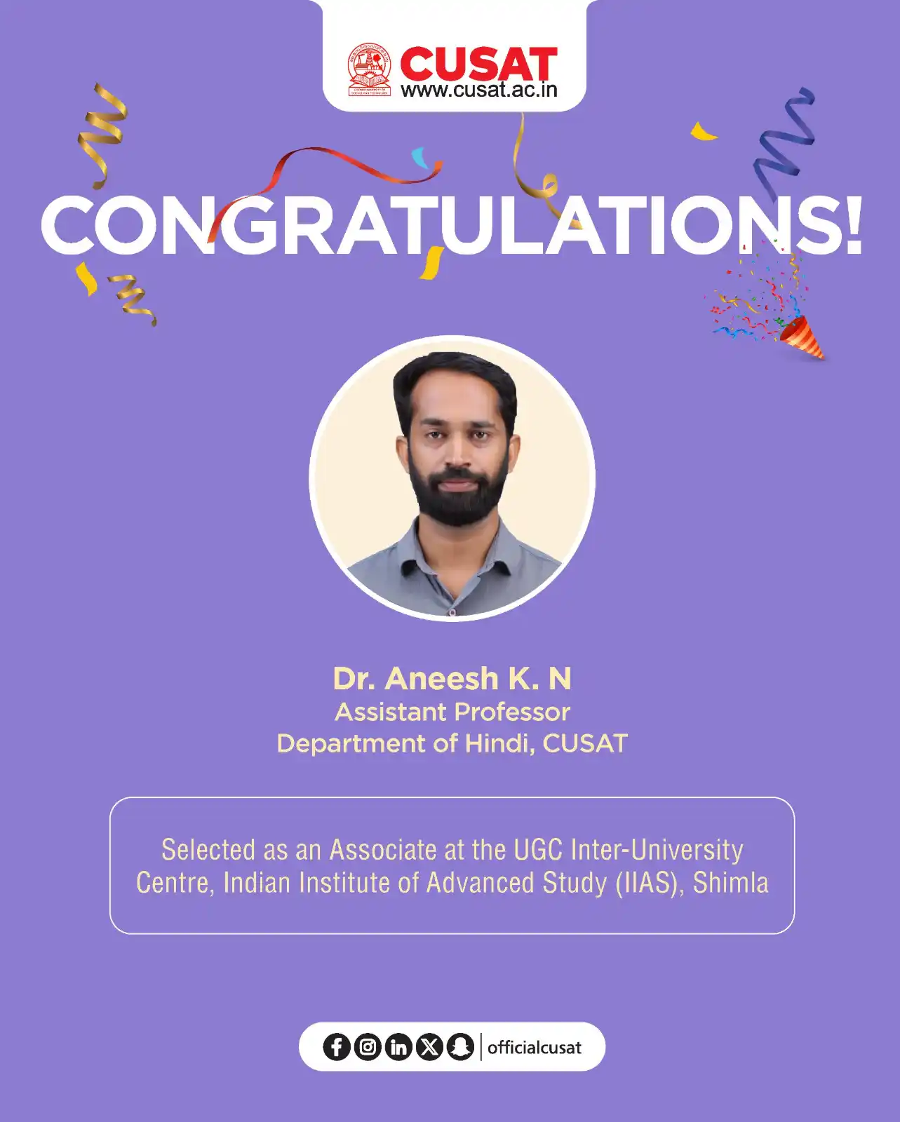 Image from Cochin University of Science and Technology: Dr. Aneesh K. N, Assistant Professor, Department of Hindi, has been se...
