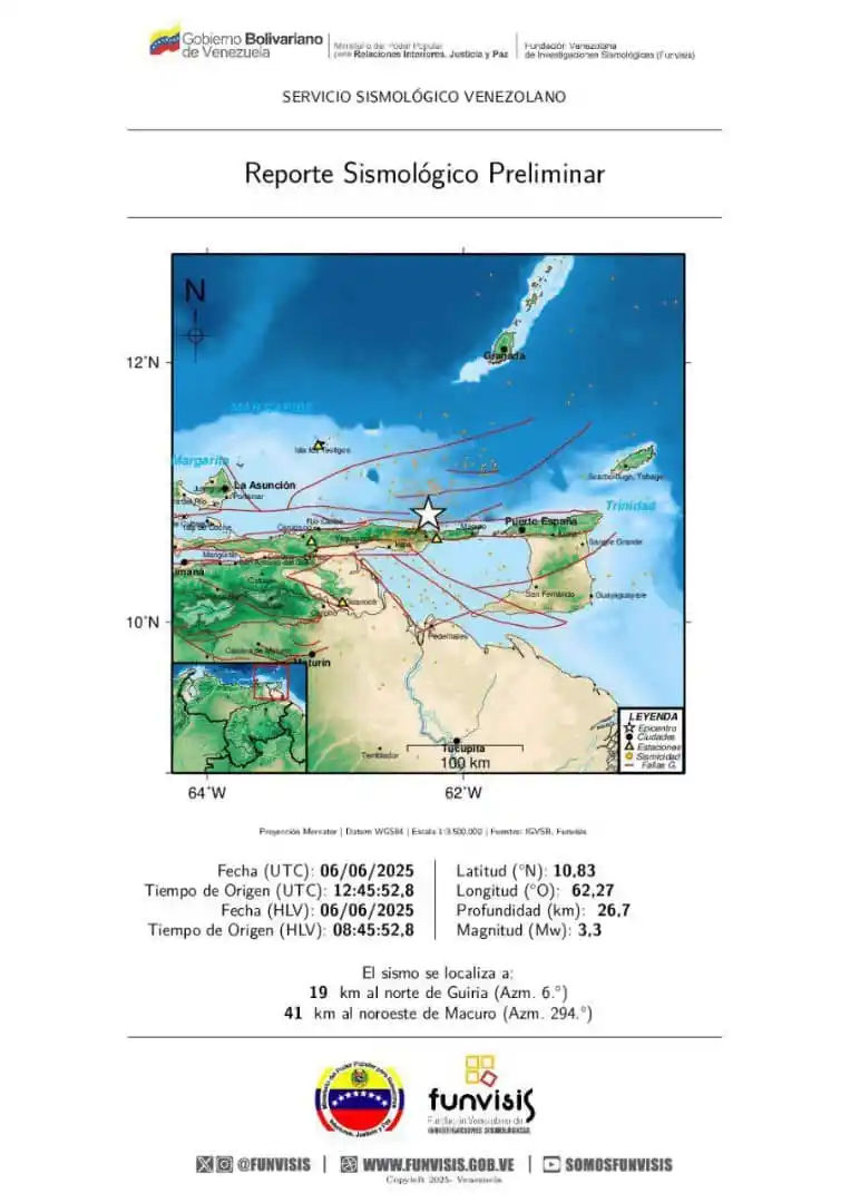 Image from @PCAD_Sucre_Ve: FUNVISIS Sismo 06/06/2025 08:45 Mag (Mw): 3.3 Prof: 26.7...