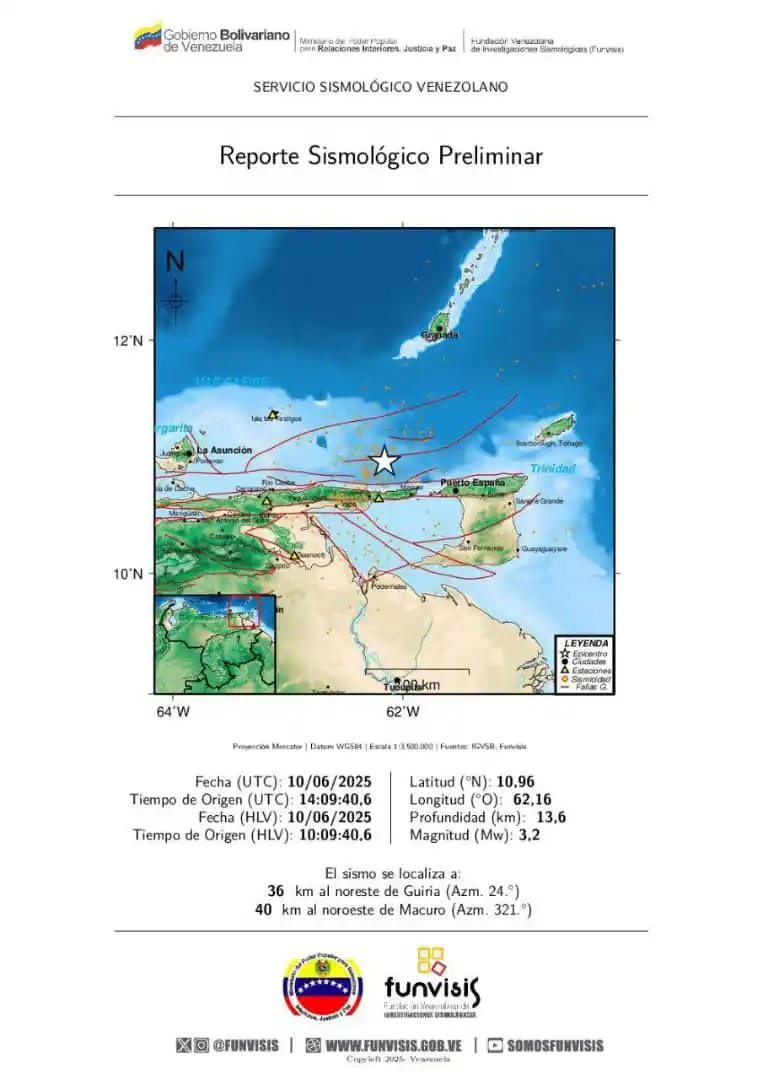 Image from @PCAD_Sucre_Ve: FUNVISIS Sismo 10/06/2025 10:09 Mag (Mw): 3.2 Prof: 13.6...