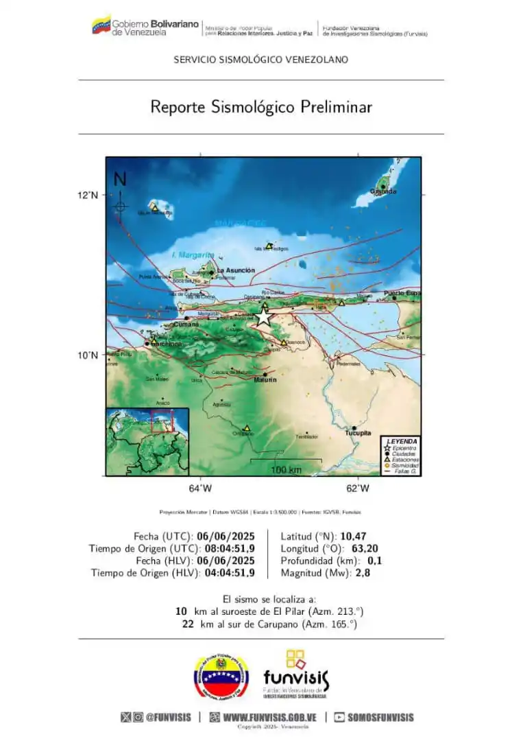 Image from @PCAD_Sucre_Ve: FUNVISIS Sismo Sentido 06/06/2025 04:04 Mag (Mw): 2.8 Pro...