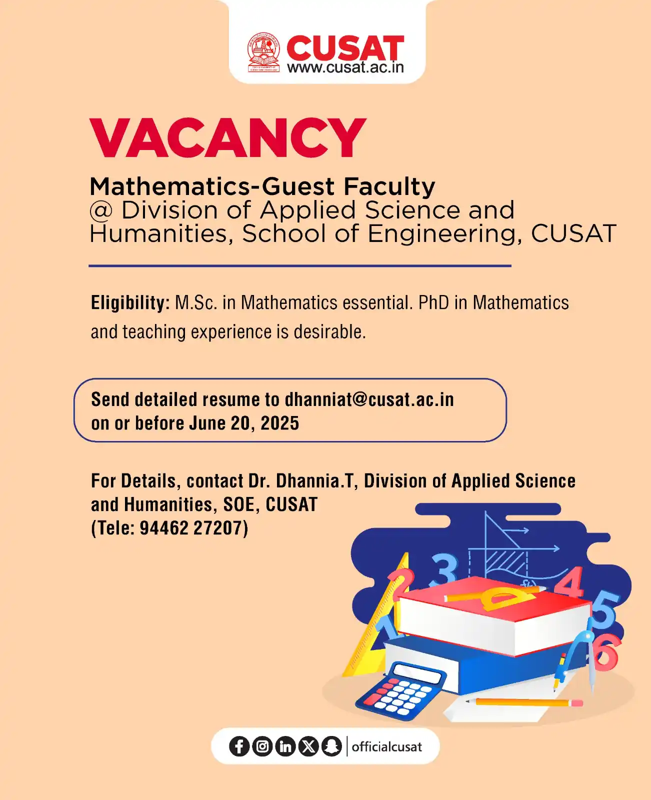 Image from Cochin University of Science and Technology: Mathematics- Guest Faculty @ Applied Science and Humanities, School of...