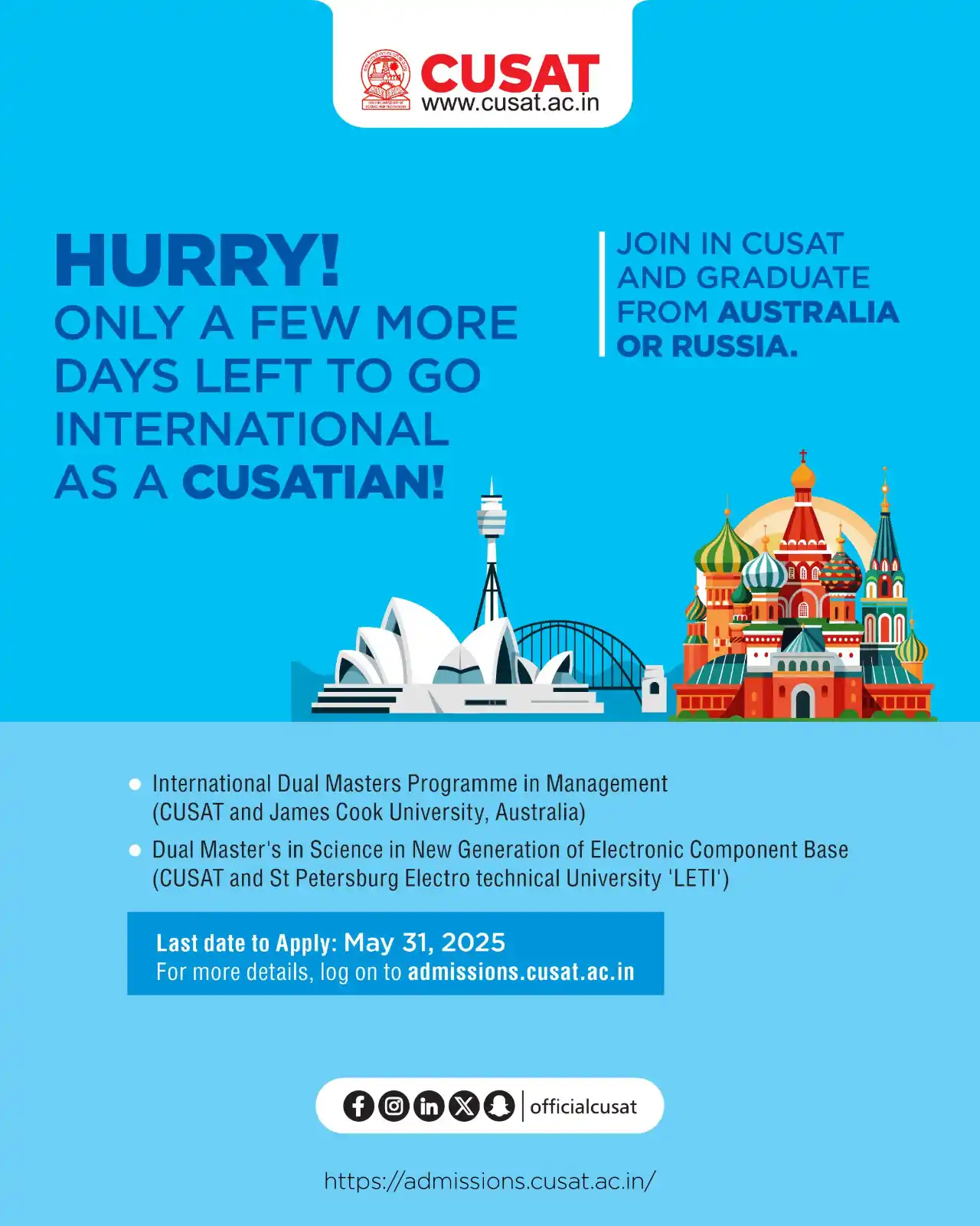Image from Cochin University of Science and Technology: Only a few more days left to go international as a CUSATian! Join in ...