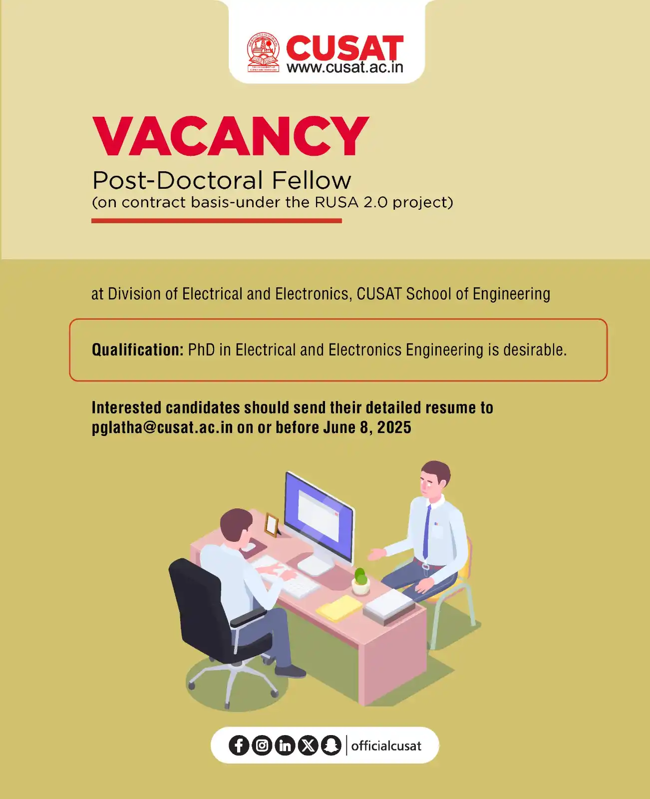 Image from Cochin University of Science and Technology: Post-Doctoral Fellow (on contract basis) at Division of Electrical and...