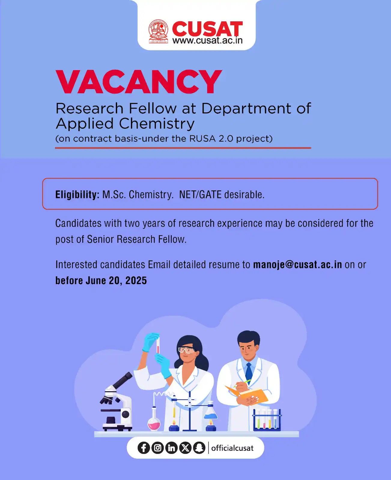 Image from Cochin University of Science and Technology: Research Fellow at Department of Applied Chemistry (On Contract Basis...