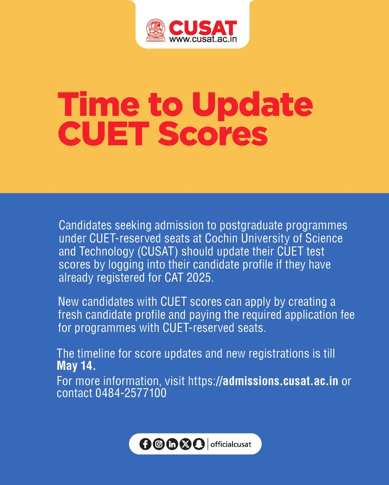 Image from Cochin University of Science and Technology: Time to Update CUET Scores. The timeline for score updates and new reg...