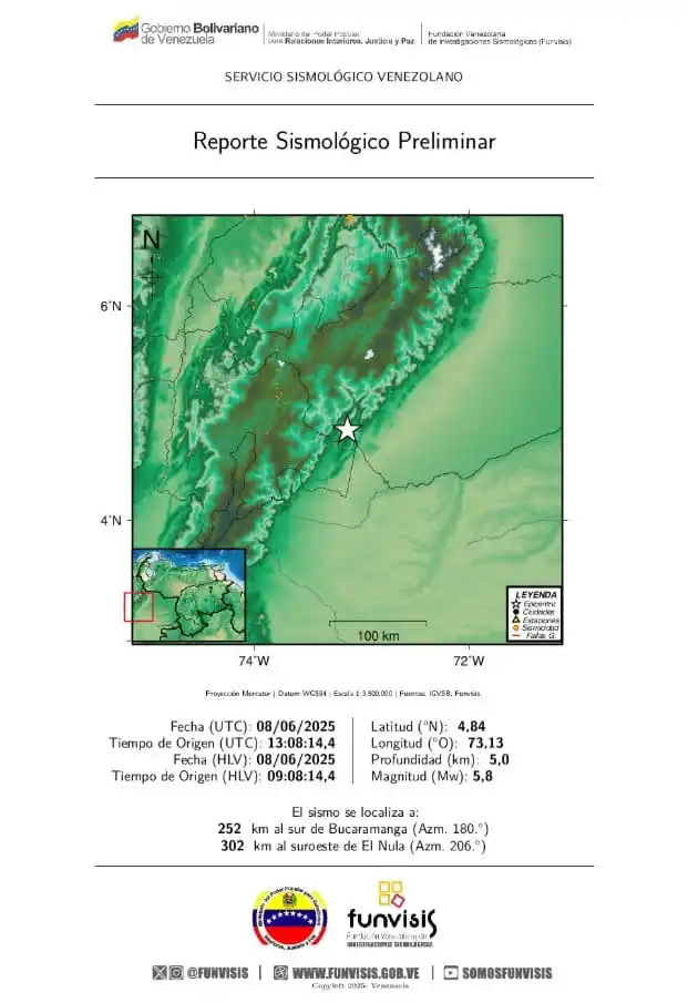 Image from @PCAD_Sucre_Ve: *🇻🇪⚡Funvisis reportó sismo de magnitud 5.8 a 252 km de Bucaramanga, ...