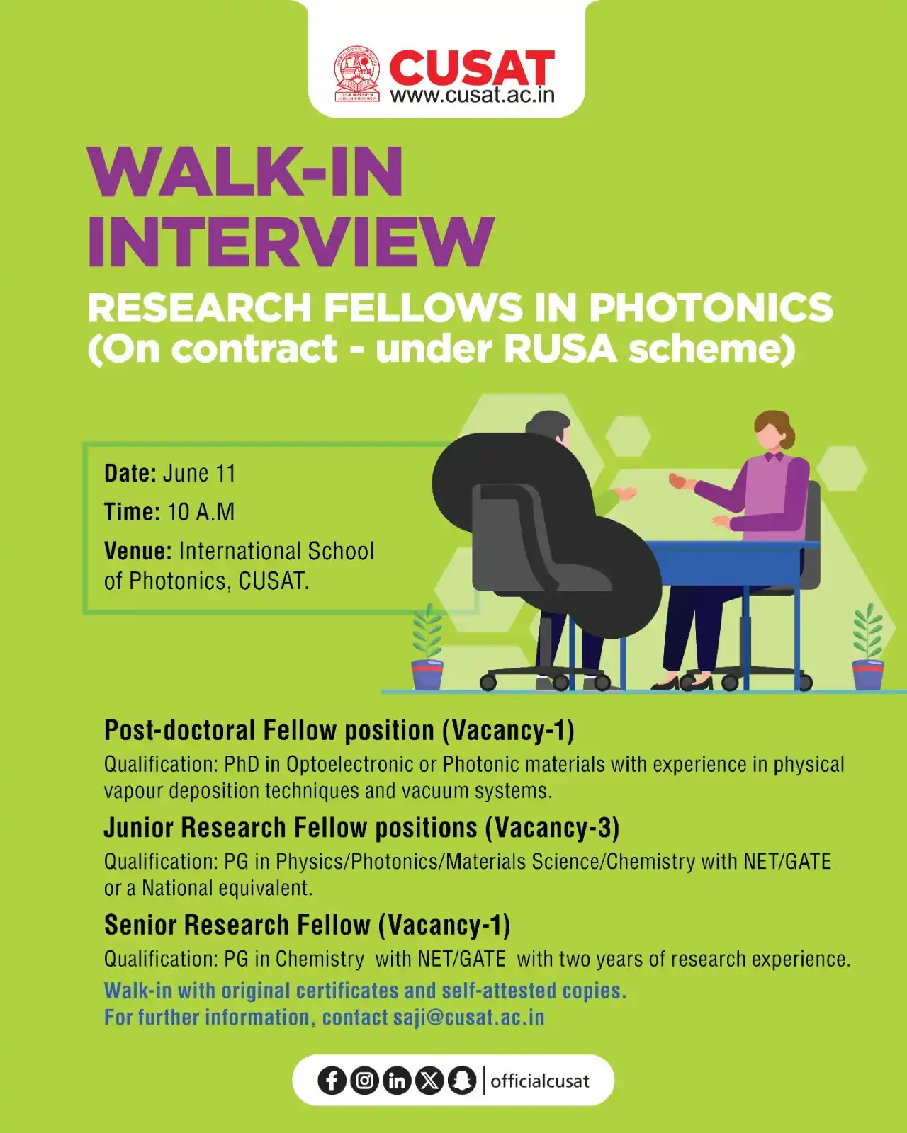 Image from Cochin University of Science and Technology: Walk-in Interview -Research Fellows in Photonics (ON CONTRACT -Under R...