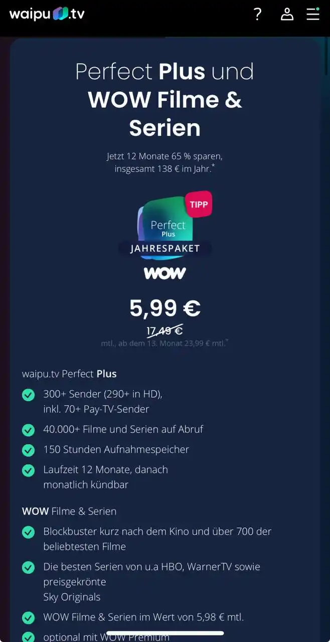 Image from Pirate Deals | Preisfehler, Angebote, Schnäppchen, Rabatte & Freebies: 12 Monate Waipu Perfect Plus + Wow Filme & Serien für 5,99€ / Monat. ...