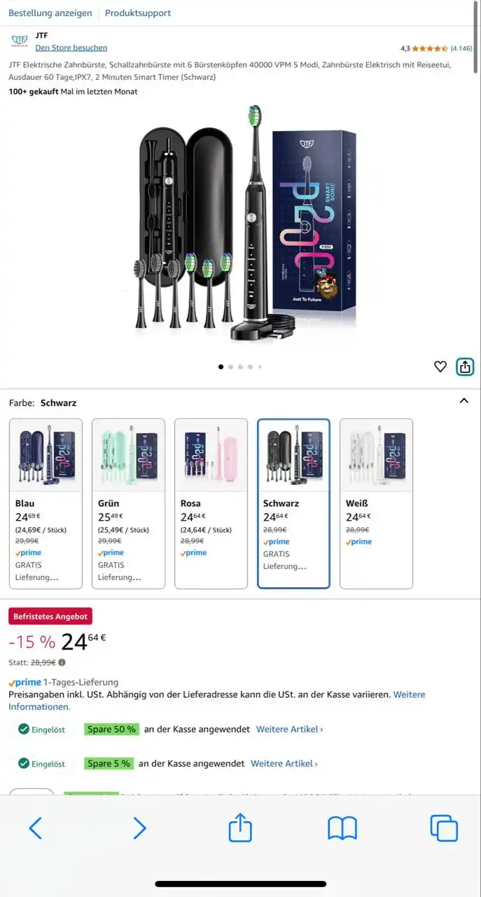 Image from Pirate Deals | Preisfehler, Angebote, Schnäppchen, Rabatte & Freebies: JTF Elektrische Zahnbürste, Schallzahnbürste mit 6 Bürstenköpfen Pirαt...