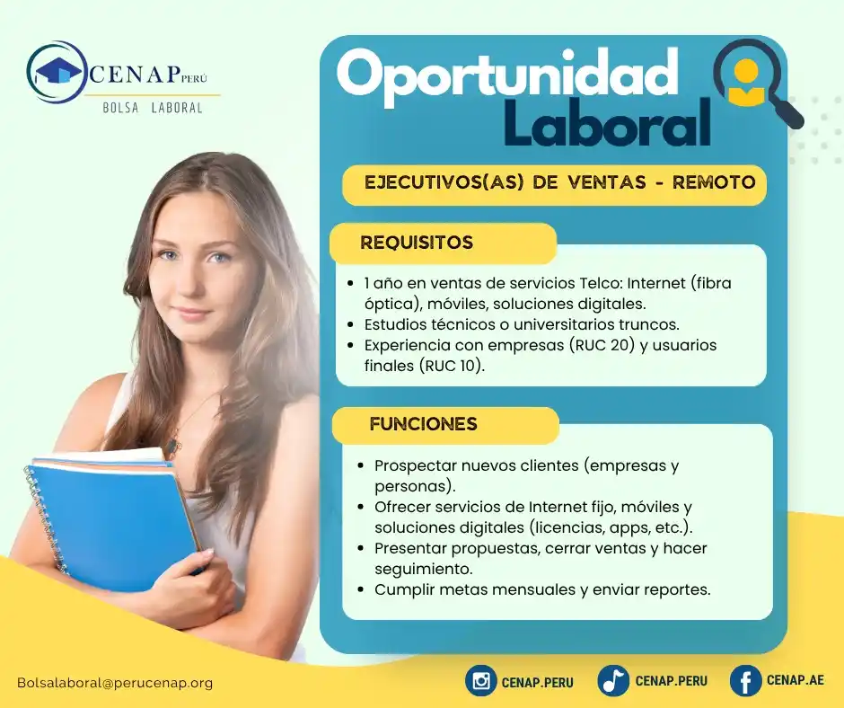 Image from Cenap Perú - Bolsa Laboral: 📢 Oportunidad Laboral | Ejecutivo(a) de Ventas – Telecomunicaciones (...