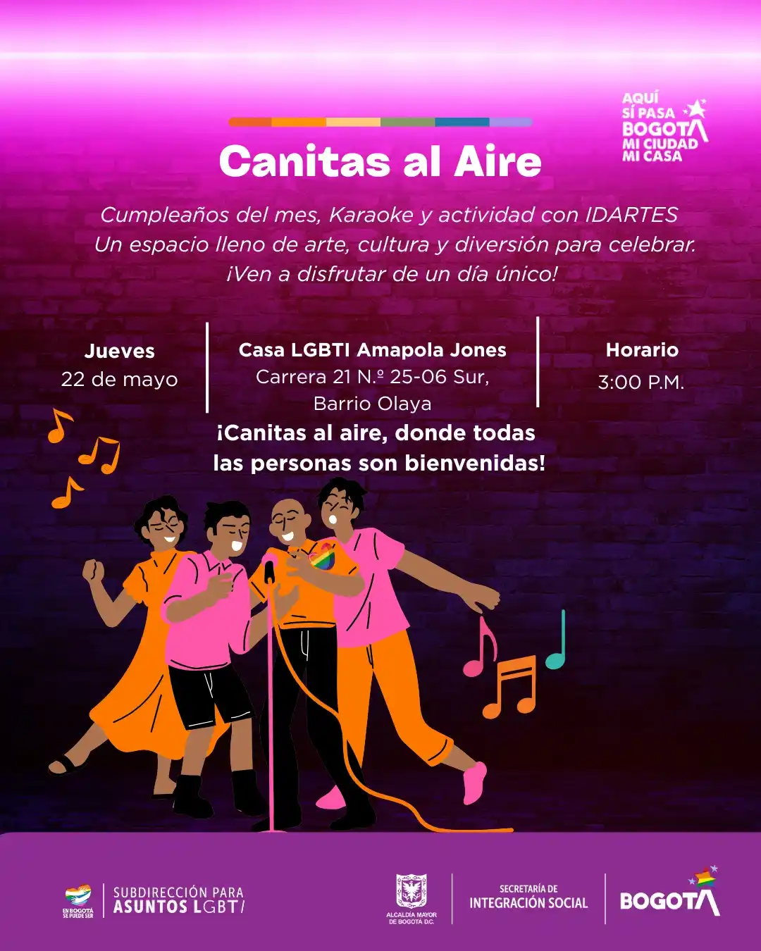 Image from EN BOGOTÁ SE PUEDE SER 🏳️🌈🏳️⚧️: ¡Te invitamos a “Canitas al Aire”! 🎧🎤 Casa LGBTI Amapola Jones Día:...