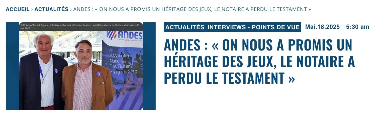 Image from Decideurs du sport PB: Andes : "On nous a promis un héritage des Jeux, le notaire a perdu le ...