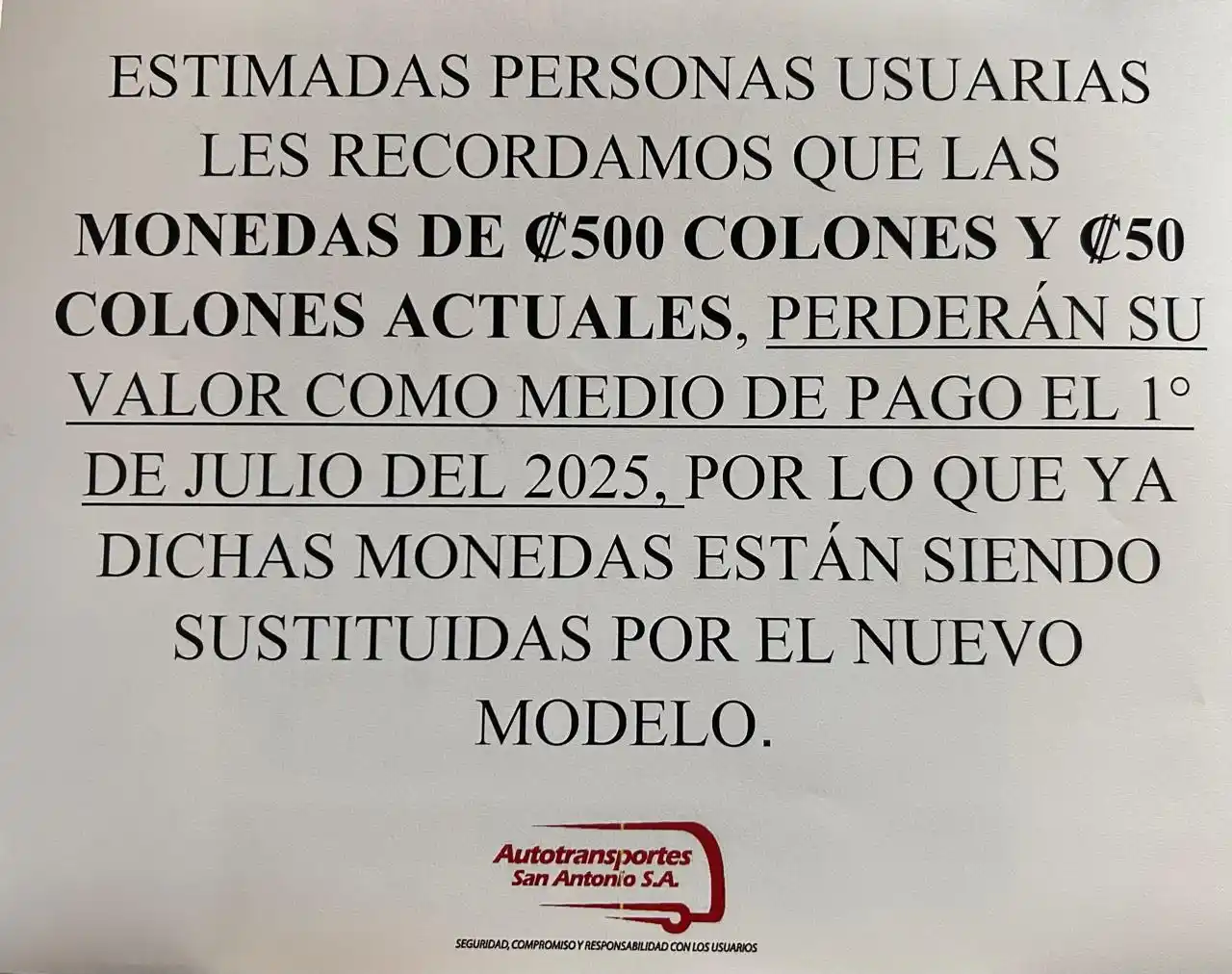 Image from Linda Vista Seguimiento De Horarios ATSA: 🚨 ¡Atención personas usuarias! 🚨 Les recordamos que las monedas actu...