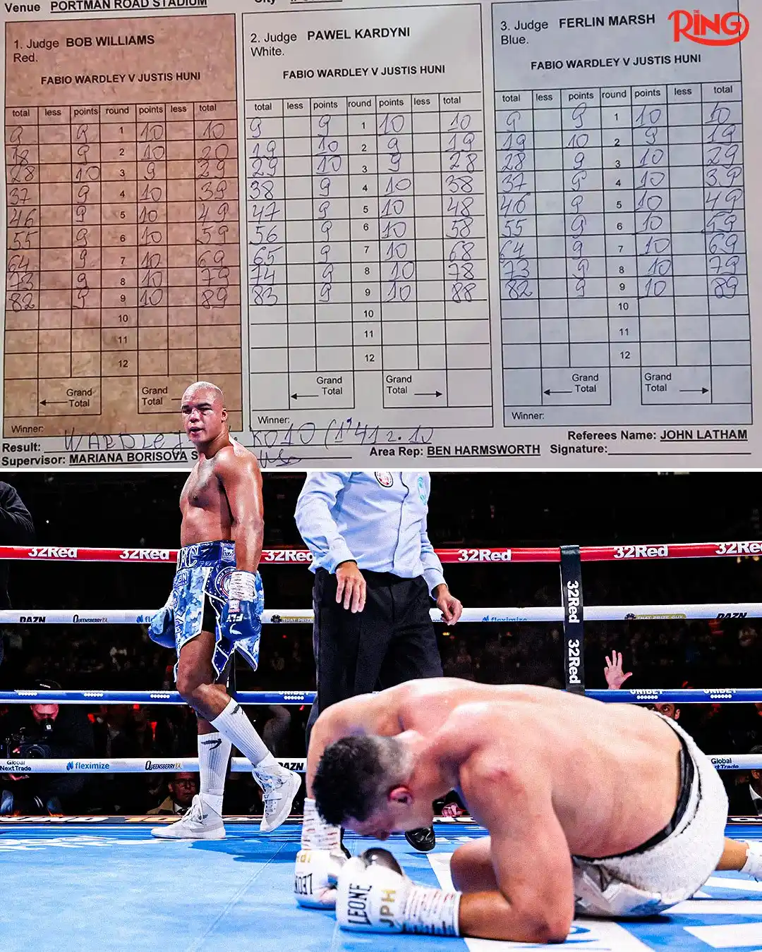 Image from Ring Magazine: Fabio Wardley was down on ALL three of the judges scorecards before hi...