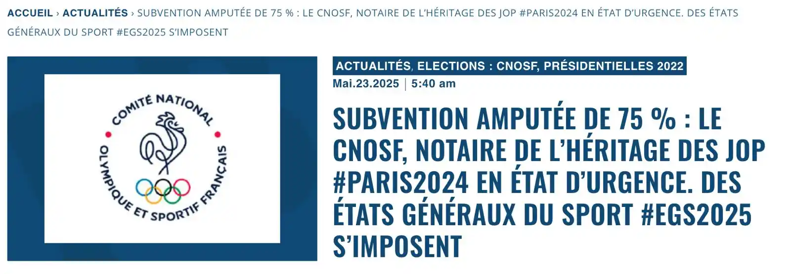 Image from Decideurs du sport PB: Subvention amputée de 75 % : le CNOSF, notaire de l'héritage des JOP <...