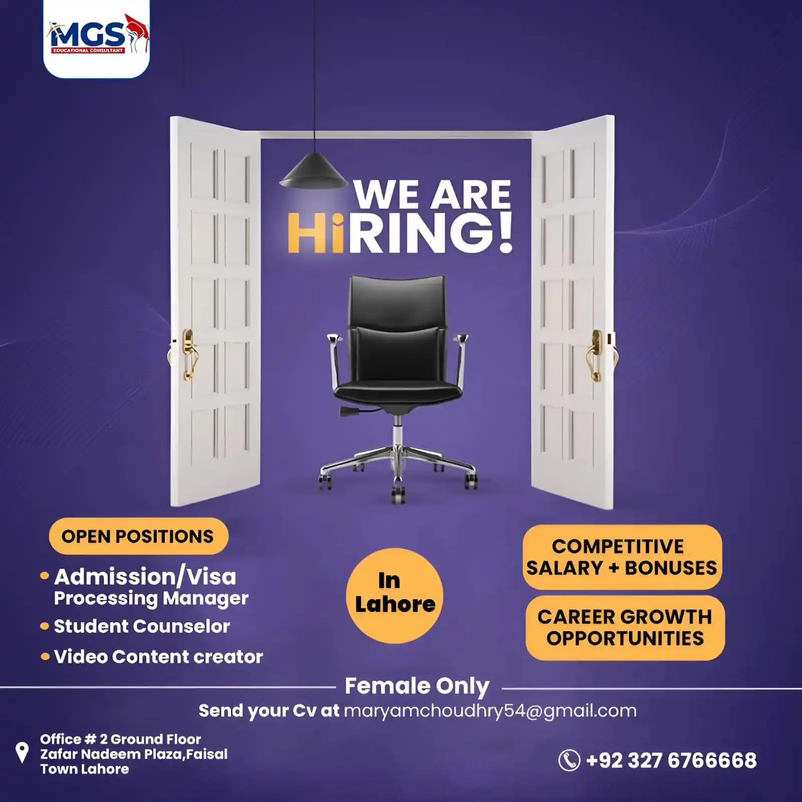 Image from Employmentor - Awais: 🚨 WE ARE HIRING – FEMALES ONLY 🚨 📍 Location: Lahore | Join the MGS ...