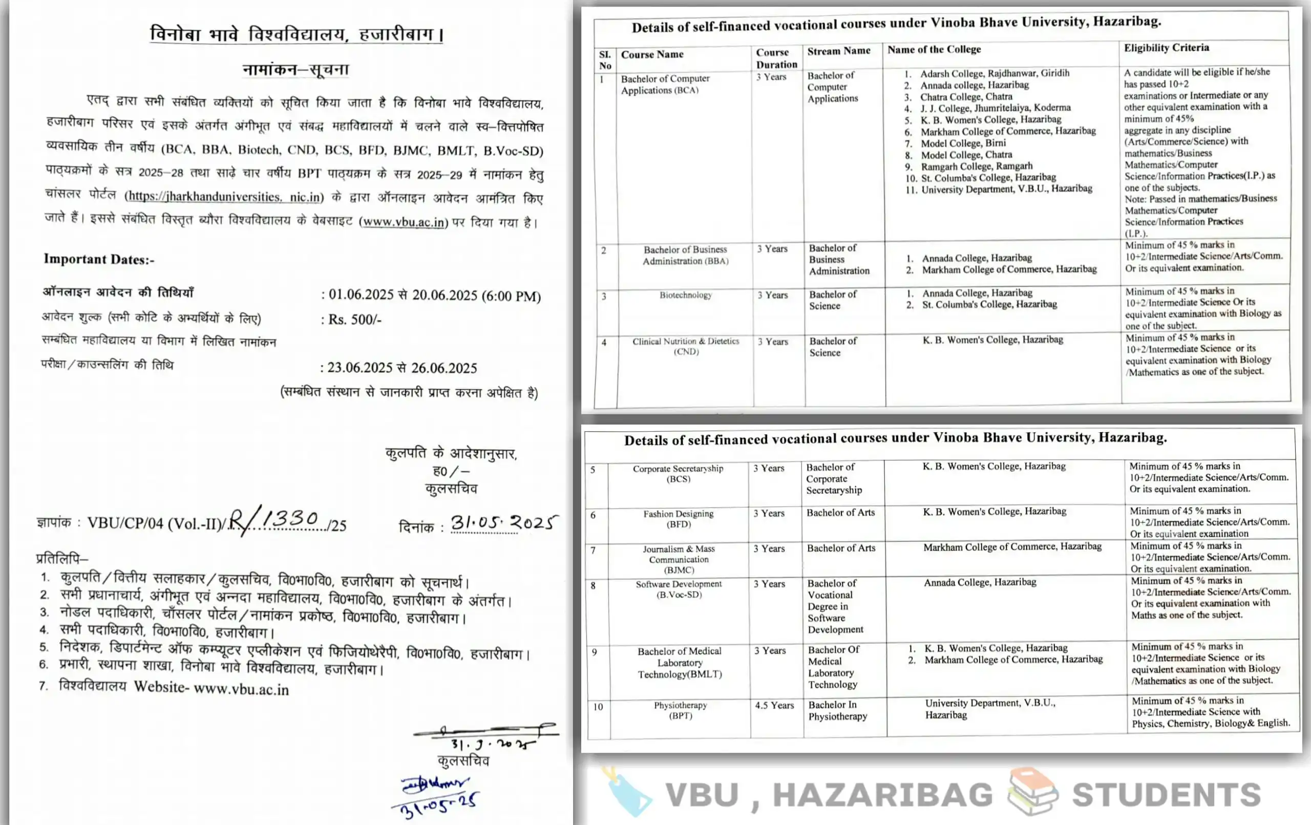 Image from 🔖 VBU, HAZARIBAG 📚 STUDENTS: *📢 Admission Notice for UG Self-Finance Vocational Courses* > 🎓Vino...
