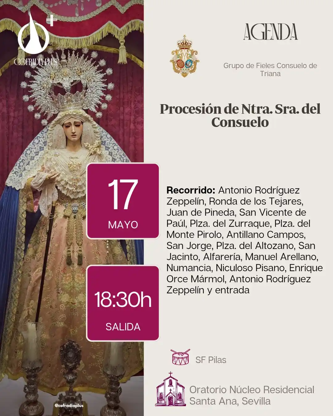 Image from COFRADÍA +: *🟣 AgendaPlus* | Procesión de Ntra. Sra. del Consuelo ⌚ 18:30h desde...