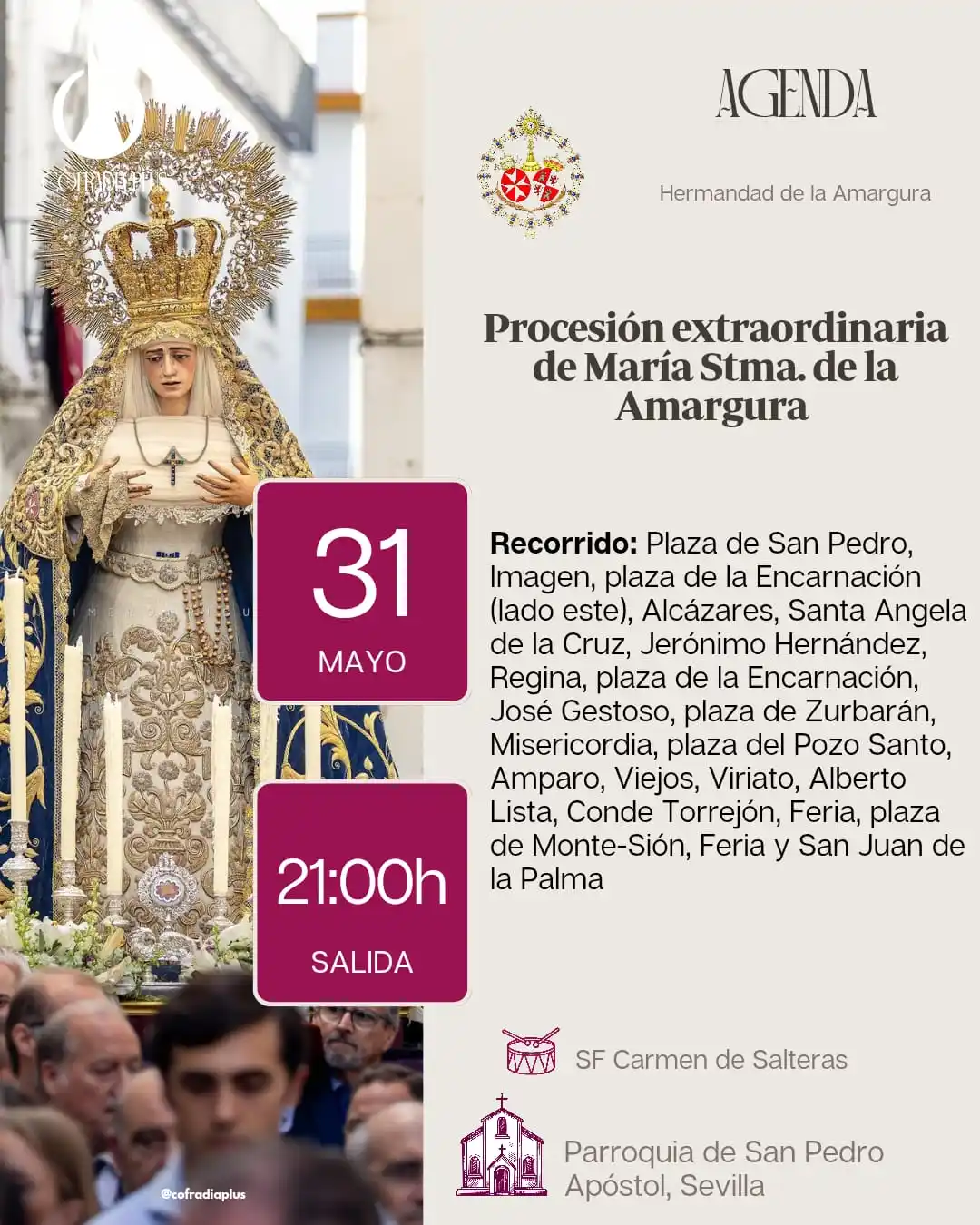 Image from COFRADÍA +: *🟣 AgendaPlus* | Procesión extraordinaria de María Stma. de la Amargu...