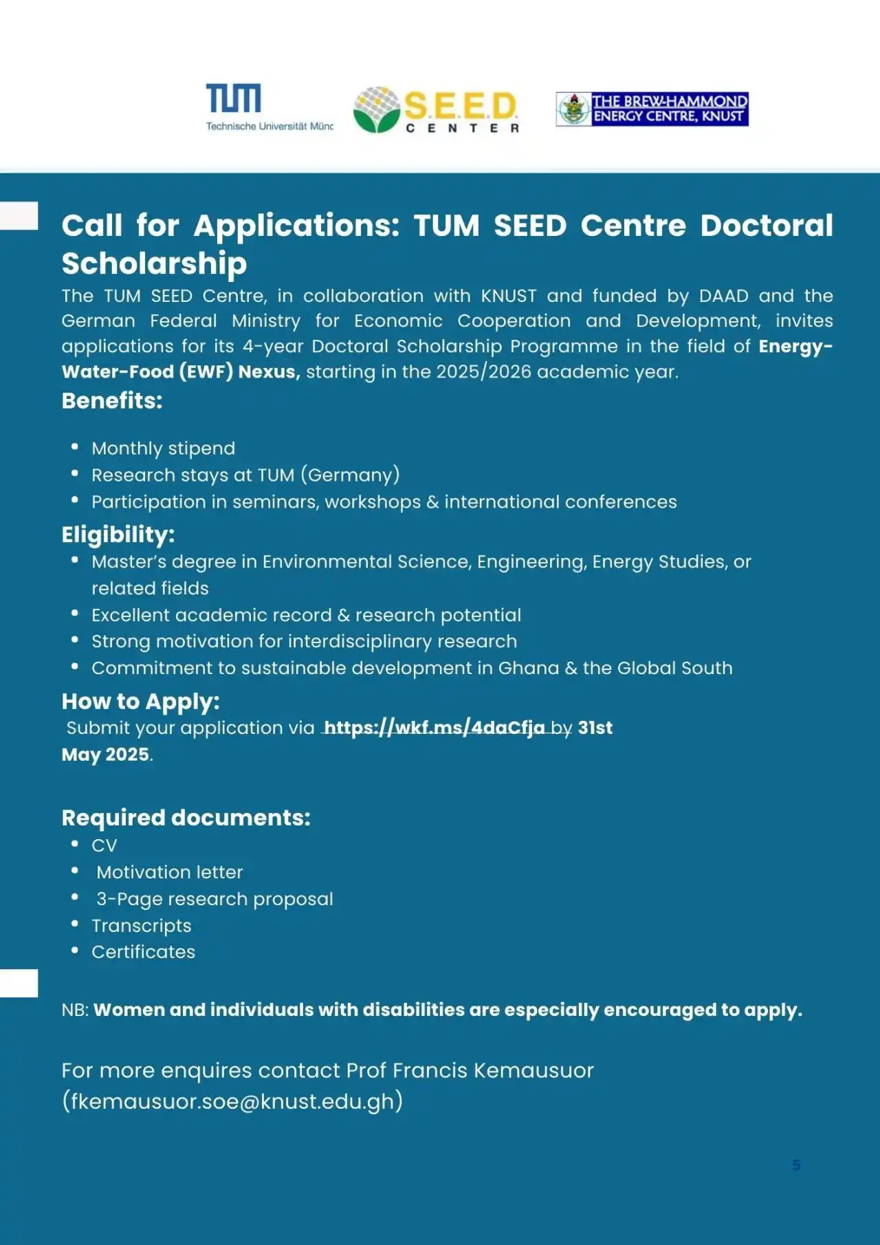 Image from Manny's Scholarships & Opportunities: *Call for Applications: TUM SEED Centre Doctoral Scholarship* The TU...