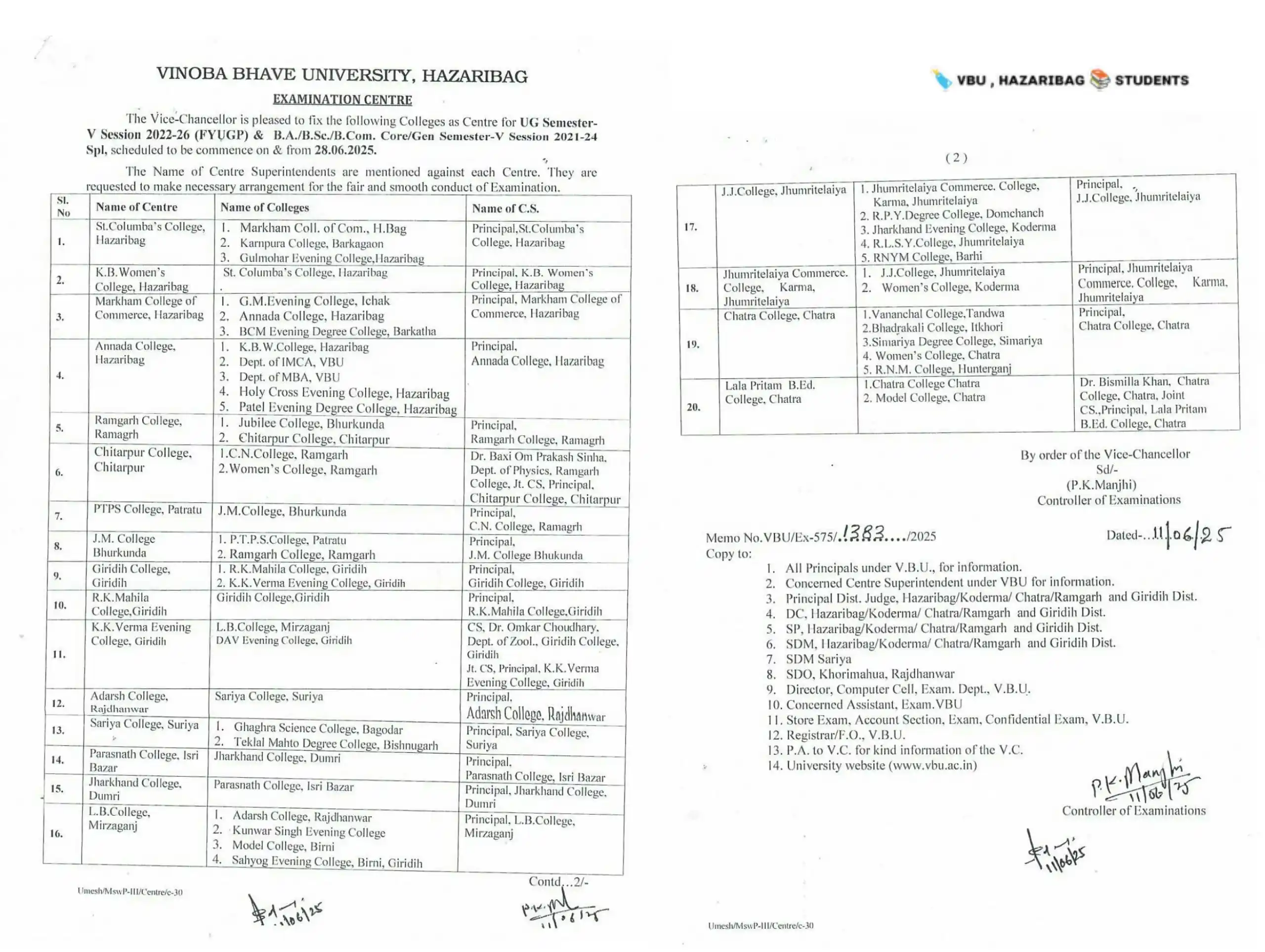Image from 🔖 VBU, HAZARIBAG 📚 STUDENTS: *📢Examination Centre* *📝UG Sem.-V Session 2022-26 (FYUGP) & B.A./B....
