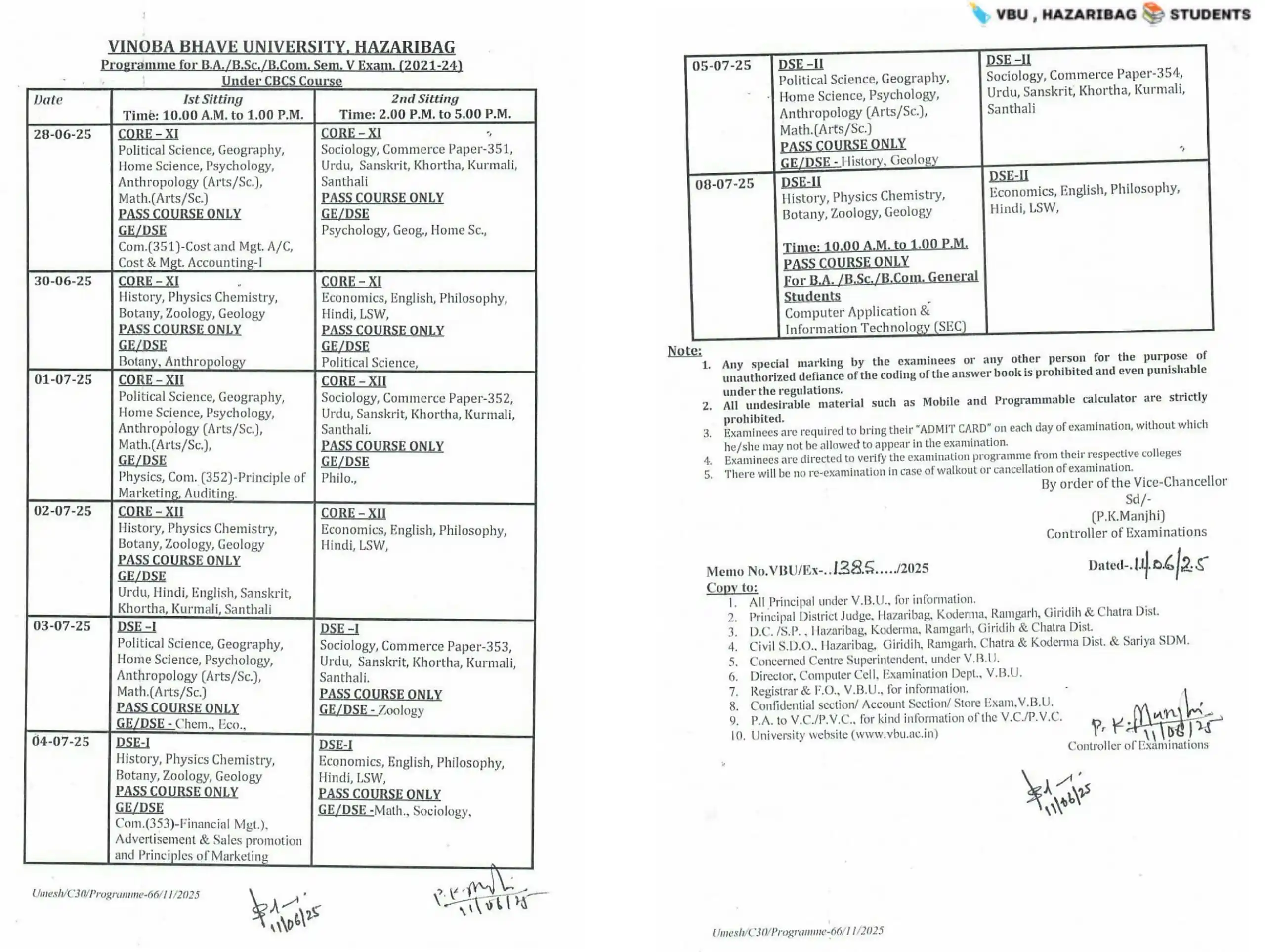 Image from 🔖 VBU, HAZARIBAG 📚 STUDENTS: *📝Programme for B.A./B.Sc./B.Com. Sem.-V Exam. (2021-24 Spl.) Under C...