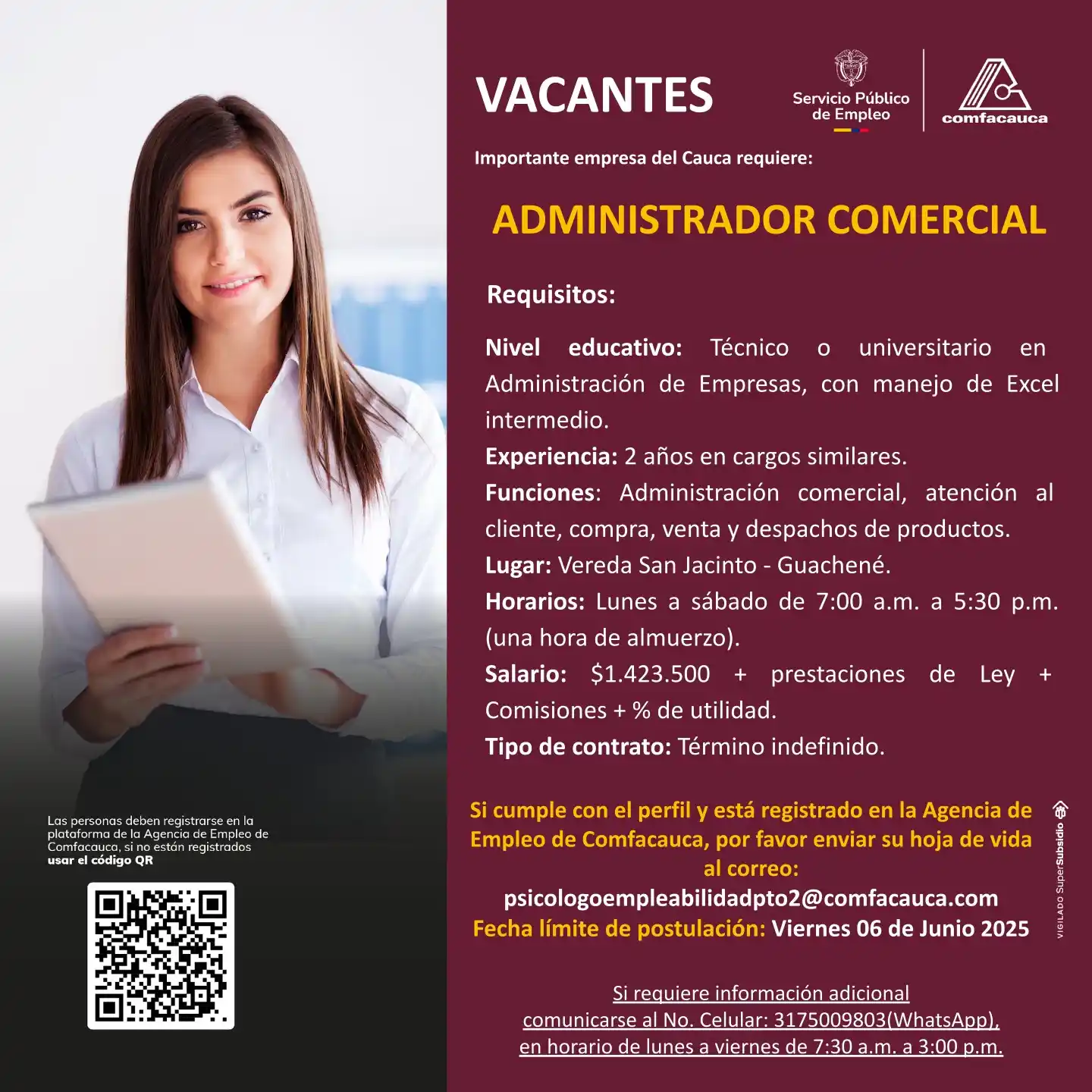 Image from Agencia de Empleo Comfacauca: Se requiere Administrador Comercial en la vereda San Jacinto de Guache...